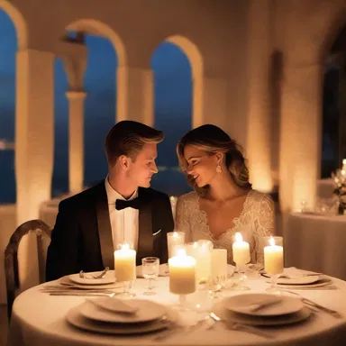 The candlelight dinner spotlights the couple's romantic evening together.