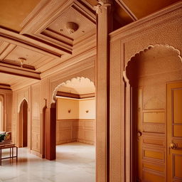 An aesthetic office interior design inspired by a fort in Jaipur, with traditional Rajasthani architecture and ornate details.