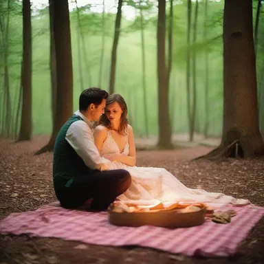 The couple shared a primitively romantic evening, with a picnic by candlelight in the middle of the woods.