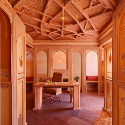 An aesthetic office interior design inspired by a fort in Jaipur, with traditional Rajasthani architecture and ornate details.