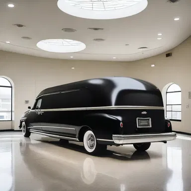 The sleek and modern design of the hearse seamlessly blended with the minimalist architecture of the funeral home.