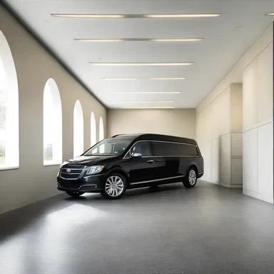 The sleek and modern design of the hearse seamlessly blended with the minimalist architecture of the funeral home.