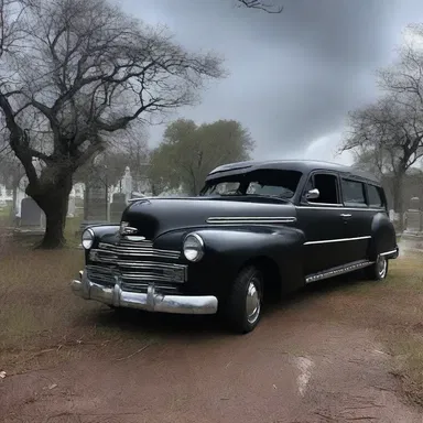 As the storm raged outside, the eerie hearse pulled up to the haunted cemetery, sending chills down everyone's spines.