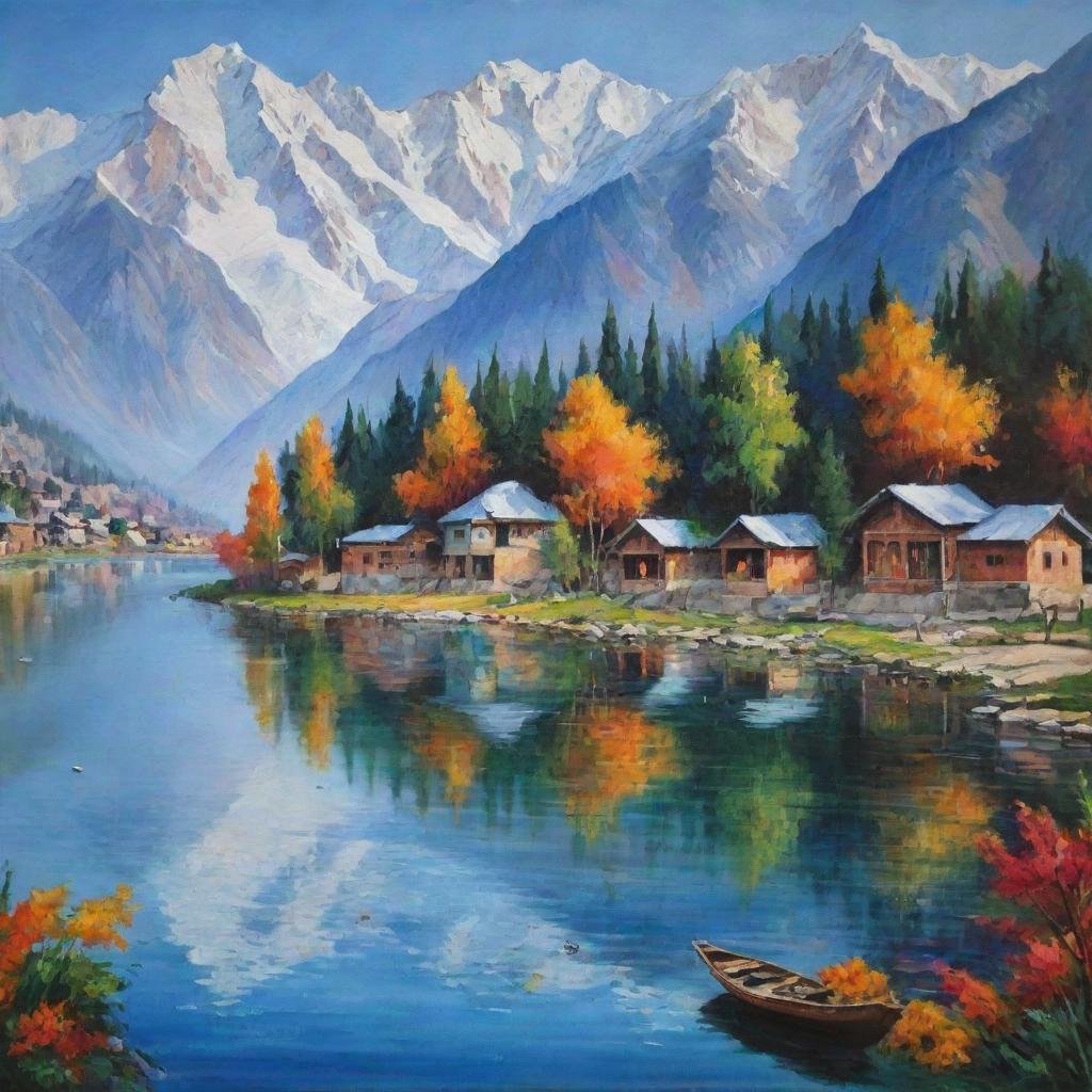 A painting capturing the unparalleled beauty of Kashmir, highlighting its snow-capped mountains, crystal-clear lakes, vibrant flora, and traditional architecture in a riot of colors.