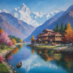 A painting capturing the unparalleled beauty of Kashmir, highlighting its snow-capped mountains, crystal-clear lakes, vibrant flora, and traditional architecture in a riot of colors.