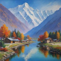 A painting capturing the unparalleled beauty of Kashmir, highlighting its snow-capped mountains, crystal-clear lakes, vibrant flora, and traditional architecture in a riot of colors.