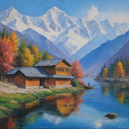 A painting capturing the unparalleled beauty of Kashmir, highlighting its snow-capped mountains, crystal-clear lakes, vibrant flora, and traditional architecture in a riot of colors.