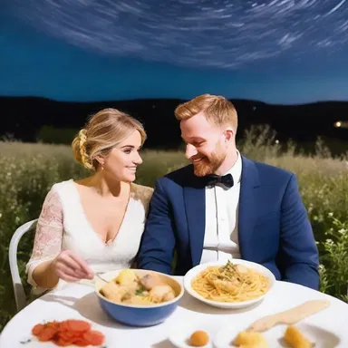 The couple sat under the starry night sky, sharing a bowl of pasta cooked with starch-rich potatoes.