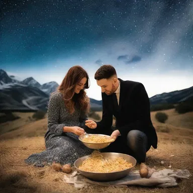 The couple sat under the starry night sky, sharing a bowl of pasta cooked with starch-rich potatoes.
