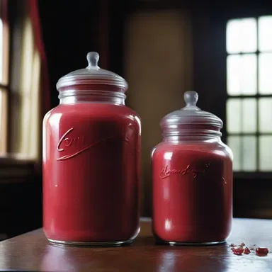 As the haunted mansion creaked, the protagonist stumbled upon a room filled with jars of blood-red starch.