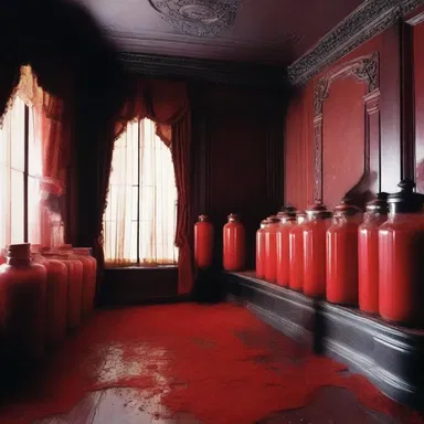 As the haunted mansion creaked, the protagonist stumbled upon a room filled with jars of blood-red starch.