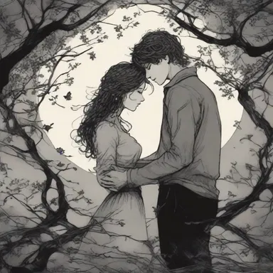 Underneath a moonlit sky, the young lovers wandered through the tangled brambles, hand in hand, lost in each other's embrace.