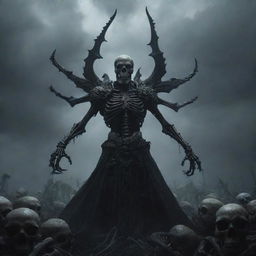 An imposing god-like skull, menacingly summoning an army of shadowy skeletons, rising against a gloomy backdrop