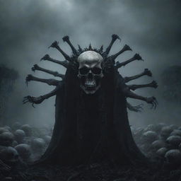 An imposing god-like skull, menacingly summoning an army of shadowy skeletons, rising against a gloomy backdrop