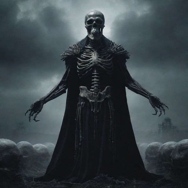 An imposing god-like skull, menacingly summoning an army of shadowy skeletons, rising against a gloomy backdrop