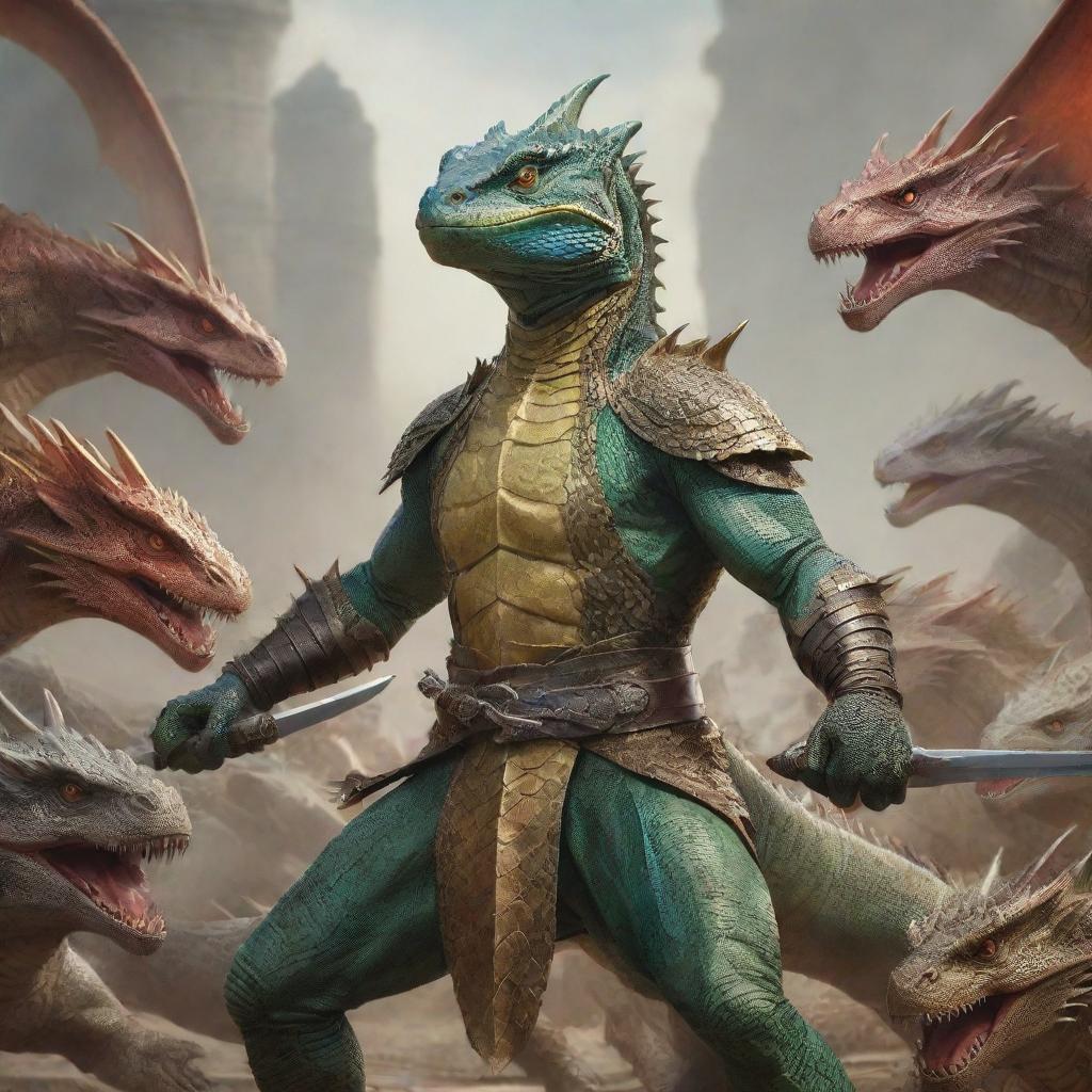 A humanoid lizard, clad in battle attire, confidently gripping two gleaming daggers. Behind him, an awe-inspiring army of diverse dragons fall into formation, ready for command.