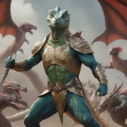 A humanoid lizard, clad in battle attire, confidently gripping two gleaming daggers. Behind him, an awe-inspiring army of diverse dragons fall into formation, ready for command.