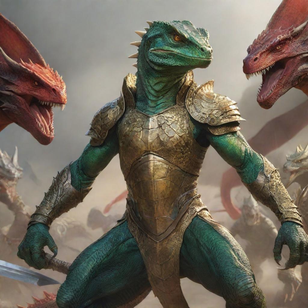 A humanoid lizard, clad in battle attire, confidently gripping two gleaming daggers. Behind him, an awe-inspiring army of diverse dragons fall into formation, ready for command.