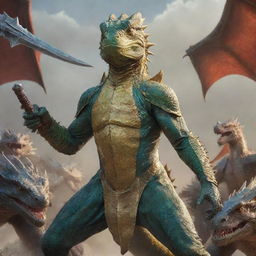 A humanoid lizard, clad in battle attire, confidently gripping two gleaming daggers. Behind him, an awe-inspiring army of diverse dragons fall into formation, ready for command.