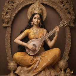 A beautiful, serene image of goddess Saraswati holding her veena, with the name 'ANKIT' artistically inscribed below in golden letters on an ornate scroll.