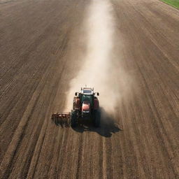 Visualize a high-powered tractor in a vast field, sowing seeds. Dust rises up as seeds are sprinkled onto the fertile soil. Sunlight casts long shadows while birds follow the tractor, hoping for an easy meal.