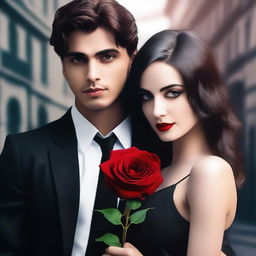 Generate a dark romance book cover featuring a handsome mafia boy, dressed in a black shirt, holding a red rose in one hand