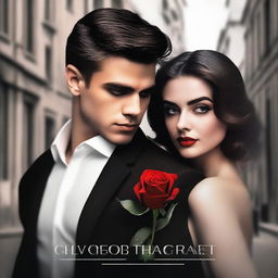 Generate a dark romance book cover featuring a handsome mafia boy, dressed in a black shirt, holding a red rose in one hand