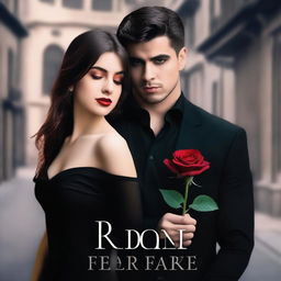 Generate a dark romance book cover featuring a handsome mafia boy, dressed in a black shirt, holding a red rose in one hand