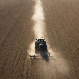 Visualize a high-powered tractor in a vast field, sowing seeds. Dust rises up as seeds are sprinkled onto the fertile soil. Sunlight casts long shadows while birds follow the tractor, hoping for an easy meal.