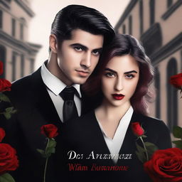 Generate a dark romance book cover featuring a handsome mafia boy, dressed in a black shirt, holding a red rose in one hand