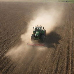 Visualize a high-powered tractor in a vast field, sowing seeds. Dust rises up as seeds are sprinkled onto the fertile soil. Sunlight casts long shadows while birds follow the tractor, hoping for an easy meal.