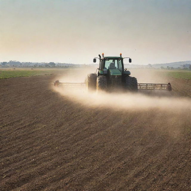 Visualize a high-powered tractor in a vast field, sowing seeds. Dust rises up as seeds are sprinkled onto the fertile soil. Sunlight casts long shadows while birds follow the tractor, hoping for an easy meal.