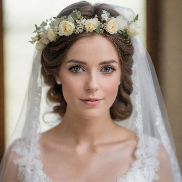 A beautiful bride adorned with a delicate floral crown on her well-styled hair, her face partially veiled, capturing the essence of elegance and grace