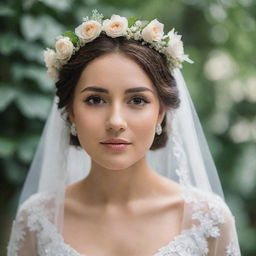 A beautiful bride adorned with a delicate floral crown on her well-styled hair, her face partially veiled, capturing the essence of elegance and grace