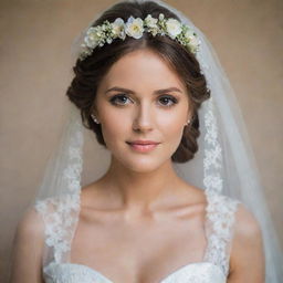 A beautiful bride adorned with a delicate floral crown on her well-styled hair, her face partially veiled, capturing the essence of elegance and grace