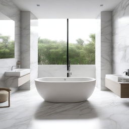 A modern minimalist bathroom featuring a bathtub and a marble table