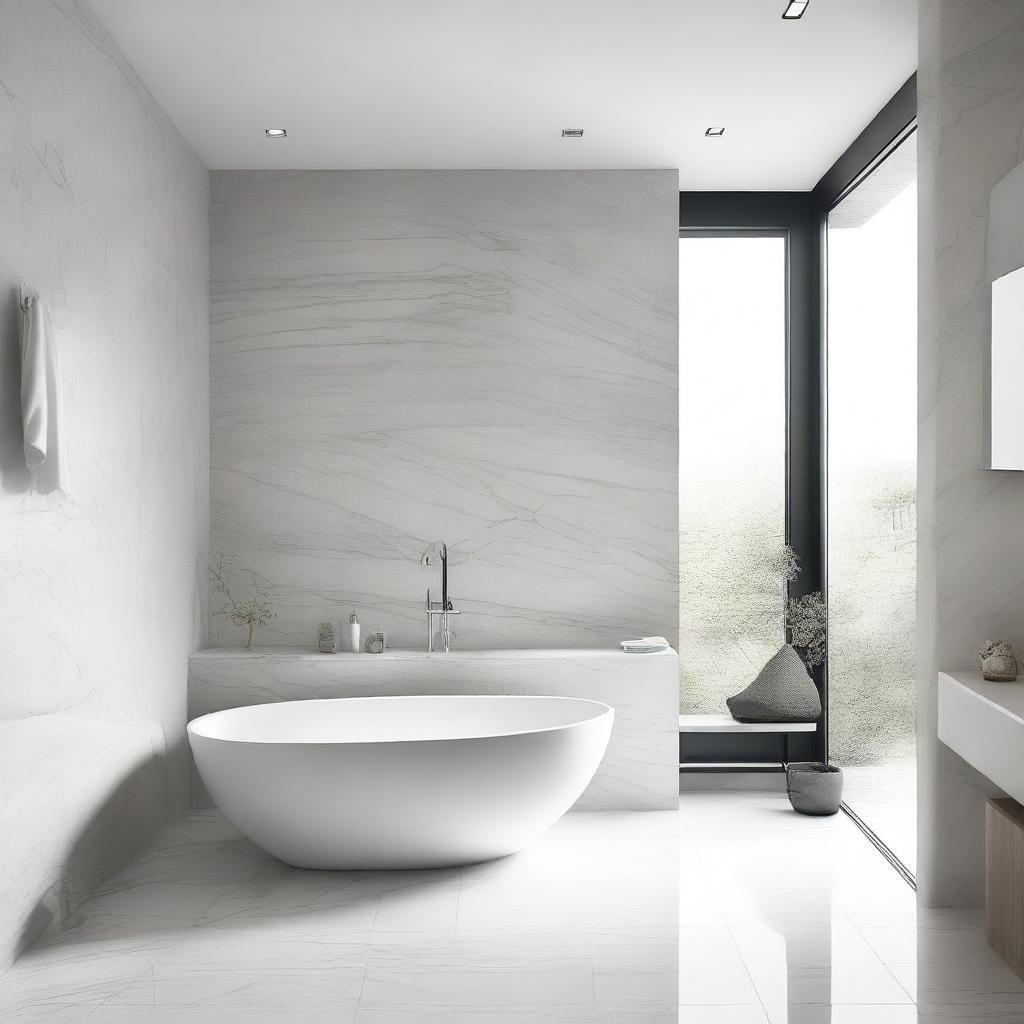 A modern minimalist bathroom featuring a bathtub and a marble table