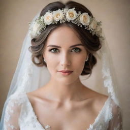 A beautiful bride adorned with a delicate floral crown on her well-styled hair, her face partially veiled, capturing the essence of elegance and grace