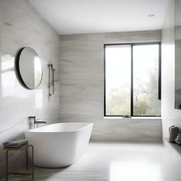 A modern minimalist bathroom featuring a bathtub and a marble table