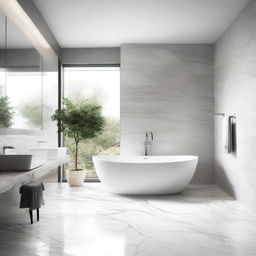 A modern minimalist bathroom featuring a bathtub and a marble table