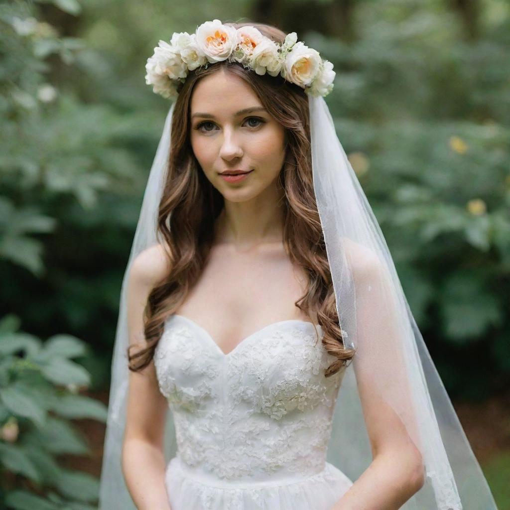 A beautiful bride adorned with a floral crown and veil, wearing a lovely white fairy-tale dress.