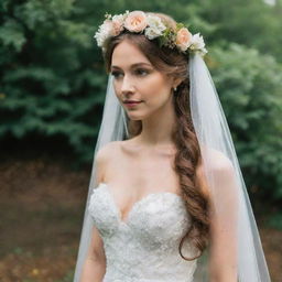 A beautiful bride adorned with a floral crown and veil, wearing a lovely white fairy-tale dress.