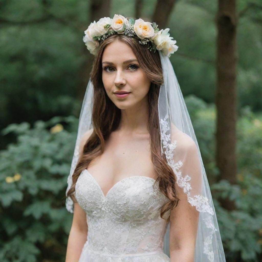 A beautiful bride adorned with a floral crown and veil, wearing a lovely white fairy-tale dress.