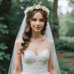 A beautiful bride adorned with a floral crown and veil, wearing a lovely white fairy-tale dress.