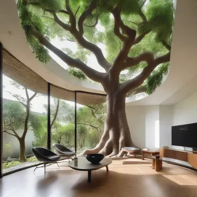 The architect incorporated a banian tree into the design of the house, allowing its aerial shoots to grow down inside the living space, creating a unique and natural atmosphere.