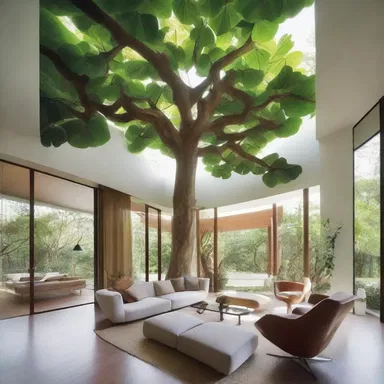 The architect incorporated a banian tree into the design of the house, allowing its aerial shoots to grow down inside the living space, creating a unique and natural atmosphere.