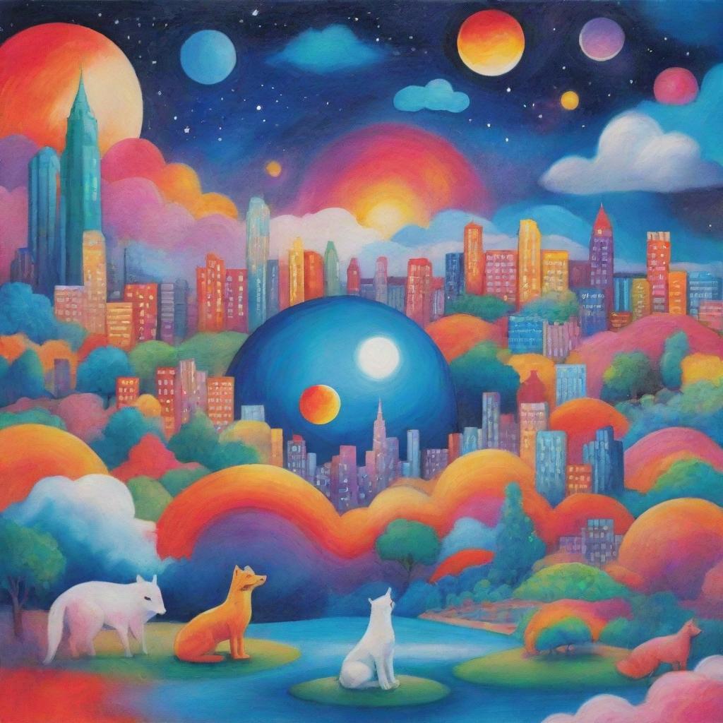 A random assortment of vibrant and colorful images. Features a serene landscape, an abstract art piece, a busy cityscape, a cute animal, and a celestial phenomenon.