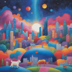 A random assortment of vibrant and colorful images. Features a serene landscape, an abstract art piece, a busy cityscape, a cute animal, and a celestial phenomenon.