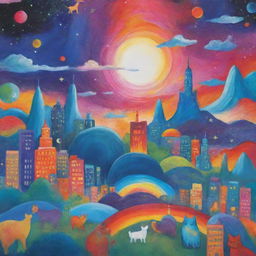 A random assortment of vibrant and colorful images. Features a serene landscape, an abstract art piece, a busy cityscape, a cute animal, and a celestial phenomenon.