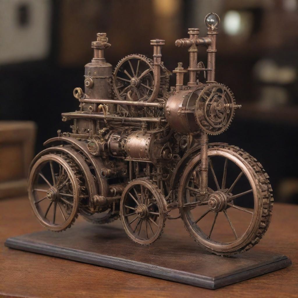 An intricately detailed, miniature steampunk vehicle, such as a steam-powered monocycle or a tiny steam car, placed next to a human for comparison, showcasing the impressive miniaturization of the 19th-century industrial machinery